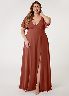 Azazie Kimber Bridesmaid Dresses Auburn A-Line Flounce Sleeve Chiffon Dress image6