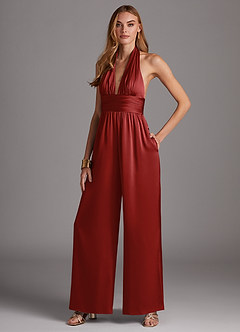 Azazie Oli Bridesmaid Dresses Pomegranate Pleated Stretch Satin Jumpsuit image4