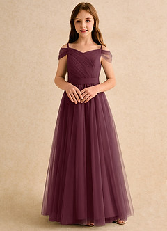 Azazie Yuna Girls Formal Abiti da Ragazza di Fiori Abito A-Line in Tulle Spalle Scoperte Cabernet image4