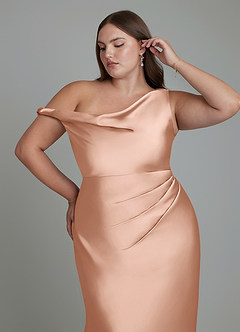 Azazie Emerson Bridesmaid Dresses Rose Gold Mermaid Off the Shoulder Stretch Satin Dress image12