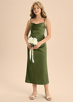 Azazie Mai Junior Osłona Pofałdowany Satyna elastyczna Długość herbaty Młodsza druhna Sukienka image4