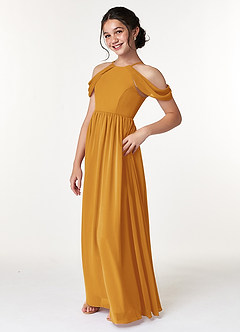 Azazie Seneca Junior Butterscotch A-Line Off the Shoulder Chiffon Dress image4