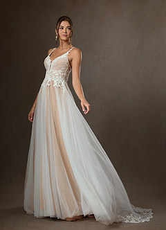 Azazie Devi Wedding Dresses Diamond White Nude A-Line V-Neck Lace Tulle Dress image1