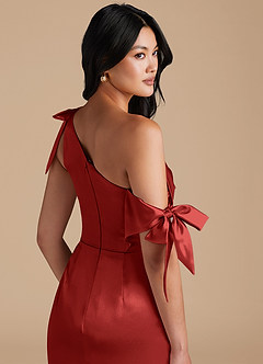 Azazie Xyla Bridesmaid Dresses Rust Sheath Off the Shoulder Metallic Satin Convertible Dress image3