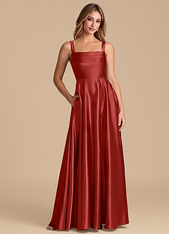 Azazie Shaude Bridesmaid Dresses Rust A-Line Pleated Metallic Satin Dress image1