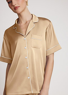 front Satin Contrast Piping Pajama Set