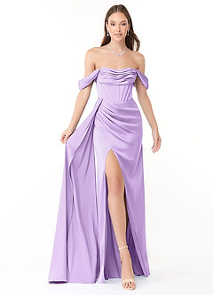 Azazie Amyra Vestidos de damas de honor Vestido de Lila de Satén Elástico de Corte Recto Convertible con Vestidos sin tirantes image1