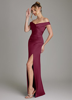 Azazie Teyana Bridesmaid Dresses Mulberry Sheath Off the Shoulder Stretch Satin Dress image5