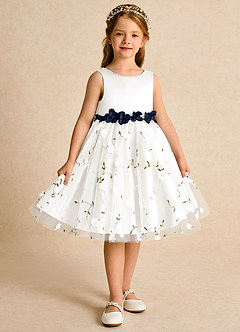 Azazie Starri Abiti da Ragazza di Fiori Abito Principessa in Raso Opaco Perline Avorio Blu Scuro image7