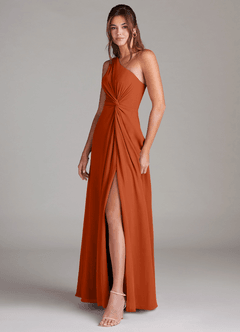 Azazie Brooke Vestidos de damas de honor Vestido de Naranja Quemada de Gasa de Corte en A con Hombro unilateral image5