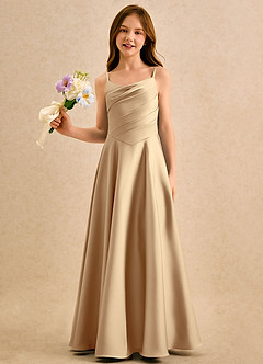 Azazie Coconut Girls Formal Sukienki dla dziewczynek sypiących kwiaty Linia A Pofałdowany Satyna elastyczna Długość podłogi Sukienka image4