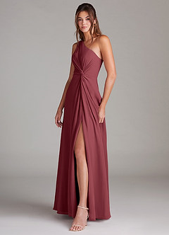 Azazie Brooke Vestidos de damas de honor Vestido de Merlot de Gasa de Corte en A con Hombro unilateral image5