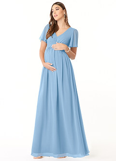 Azazie Verna Äitiys morsiusneito mekot A-linja V-kaula rypytetty Sifonki Lattian pituus Pukeutua image3