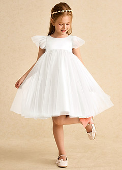 Azazie Munchkin Flower Girl Dresses Ivory Sunset A-Line Bow Tulle Dress image3