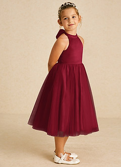 Azazie Dora Flower Girl Dresses Burgundy A-Line Bow Tulle Dress image3