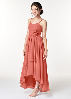 Azazie Catalina Junior Salmon Pink A-Line Ruched Chiffon Dress image3