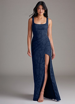 Azazie Mero Bridesmaid Dresses Dark Navy Sheath Pleated Floral Burnout Dress image4
