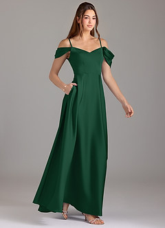 Azazie Marley Bridesmaid Dresses Dark Green A-Line Off the Shoulder Stretch Satin Convertible Dress image4