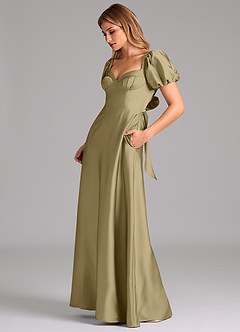 Azazie Fatima Vestidos de damas de honor Vestido de Musgo Verde de Satén Elástico de Corte en A con Plisado image5