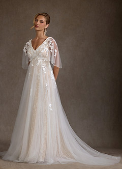 Azazie Renesmee Vestidos de novia Vestido Blanco Diamante Champán de Tul de Línea A con Lentejuelas image4