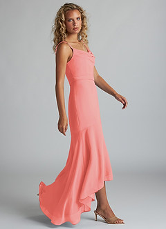 Azazie Summer Bridesmaid Dresses Coral Mermaid Scoop Cowl Chiffon Dress image3