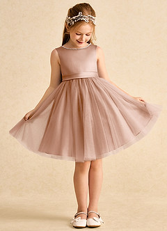 Azazie Jani Flower Girl Dresses Champagne Rose A-Line Bow Tulle Dress image2