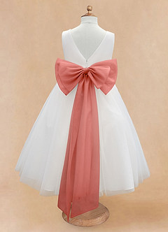 Azazie Kavi Flower Girl Dresses Ivory Salmon Pink A-Line Bow Matte Satin Dress image8
