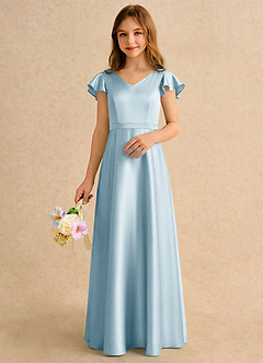 Azazie Nari Girls Formal Final Sale Sky Blue A-Line with Sleeves Stretch Satin Dress image3