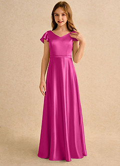 Azazie Nari Girls Formal Robe Demoiselle D'honneur Fillette Robe Trapèze en Satin extensible avec manches Fuchsia image5