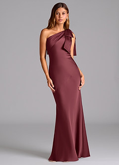 Azazie Yuanna Jurken voor bruidsmeisjes Jurk van Stretch Satijn met Zeemeermin One-Shoulder Merlot image1