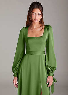 Azazie Leonia Bridesmaid Dresses Basil A-Line Long Sleeve Stretch Satin Dress image6