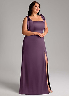 Azazie Frostine Bridesmaid Dresses Plum A-Line Bow Stretch Satin Dress image9