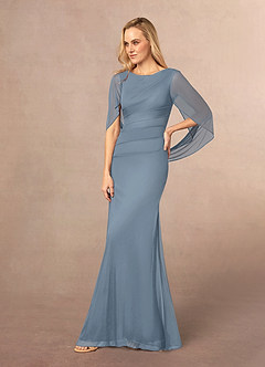 Azazie Belladonna Mother of the Bride Dresses Dusty Blue Mermaid Scoop Pleated Mesh Dress image3
