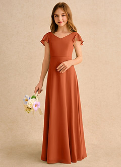Azazie Nari Girls Formal Robe Demoiselle D'honneur Fillette Robe Trapèze en Mousseline de soie avec manches Orange Brûlée image4