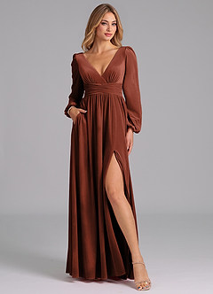 Azazie Norah Bridesmaid Dresses Terracotta A-Line Long Sleeve Velvet Dress image5