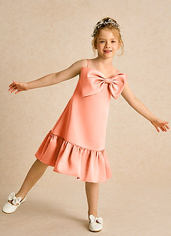 Azazie Kiwi Blumenmädchenkleider A-Linie Spaghetti Riemen Matte Satin Kleid Sonnenuntergang image1