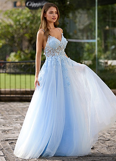 Filigreelace Himmelblau Ballkleid mit 3D-Blumenmuster image3