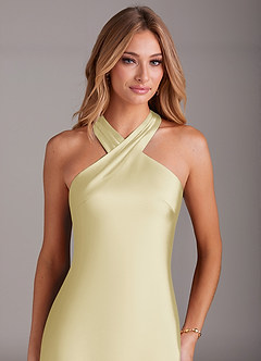 Azazie Doretta Bridesmaid Dresses Lemon Sorbet Mermaid Pleated Stretch Satin Dress image6