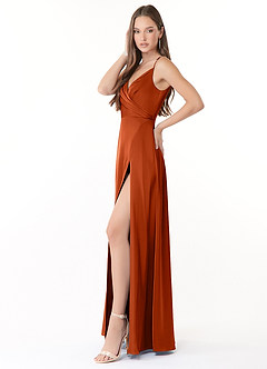 Azazie Dalilah Bridesmaid Dresses Paprika A-Line V-Neck Pleated Stretch Satin Dress image3