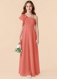 Azazie Arabella Junior Salmon Pink A-Line Ruched Chiffon Dress image6