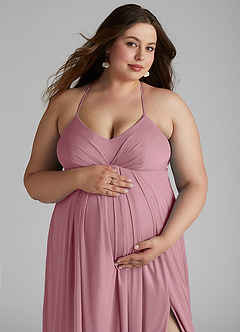 Azazie Annabelle Maternity Bridesmaid Dresses A-Line V-Neck Pleated Mesh Floor-Length Dress image11