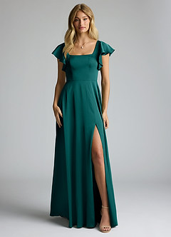 Azazie Bondi Bridesmaid Dresses Peacock A-Line Bow Stretch Satin Dress image5