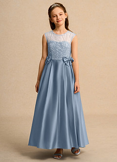 Azazie Candy Girl Jurken voor bloemenmeisjes Baljurk Jurk van Mat Satijn Boog Stoffig Blauw image6