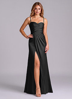 Azazie Sabrine At-home Try On Dresses Black A-Line Sweetheart Neckline Stretch Satin Dress image5