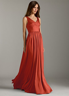 Azazie Keyla Bridesmaid Dresses Rust A-Line Pleated Stretch Satin Dress image1