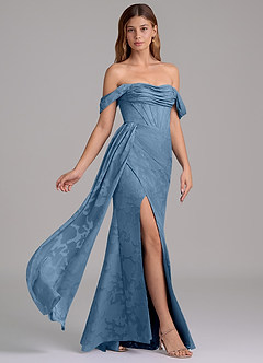 Azazie Amyra Jurken voor bruidsmeisjes Converteerbaar Jurk van Bloemen Burn-out met Zeemeermin Off the Shoulder Staal Blauw image4