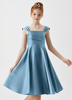 Azazie Amira Junior Steel Blue A-Line Pleated Stretch Satin Dress image3