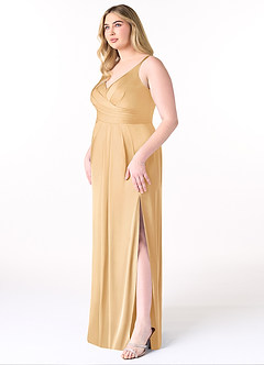Azazie Aqua Bridesmaid Dresses Gold A-Line V-Neck Pleated Stretch Satin Dress image10