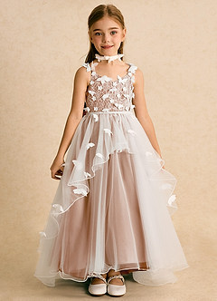 Azazie Darlina Flower Girl Dresses Ivory Champagne Rose Ball-Gown Lace Tulle Dress image4