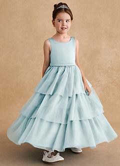 Azazie Megallie Flower Girl Dresses Sea Glass A-Line Bow Tulle Dress image3